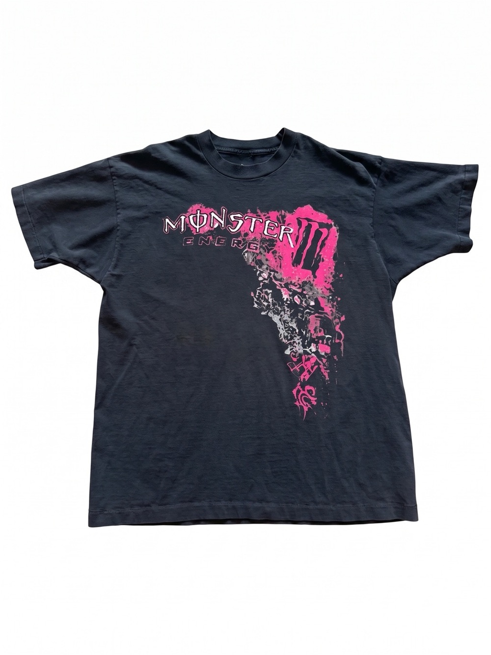 Y2K Monster Energy Pink Grunge Splatter Faded Black T-Shirt